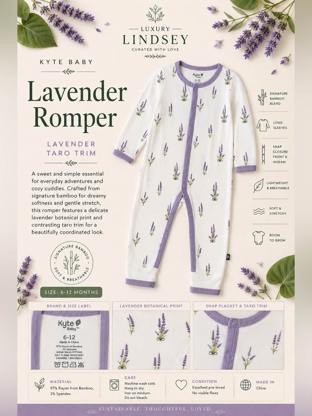 🪻 Kyte BABY Lavender Floral Snap Romper — 6–12 Months